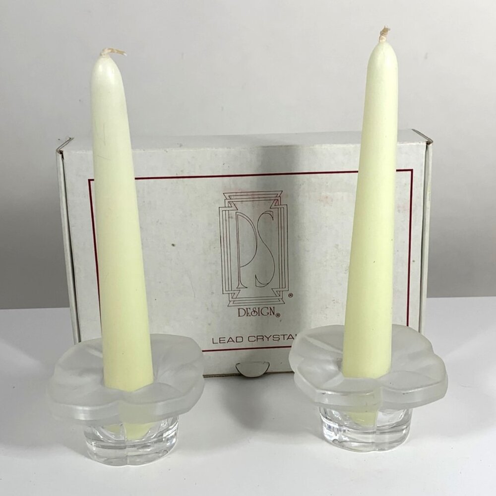 Paul Sebastian Design Lead Crystal Flower Taper Candle Holders With Box